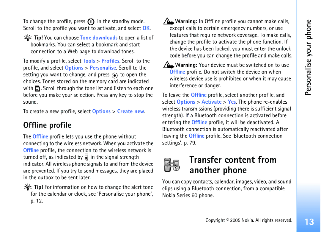 Nokia 6681 manual Transfer content from another phone, Offline profile 