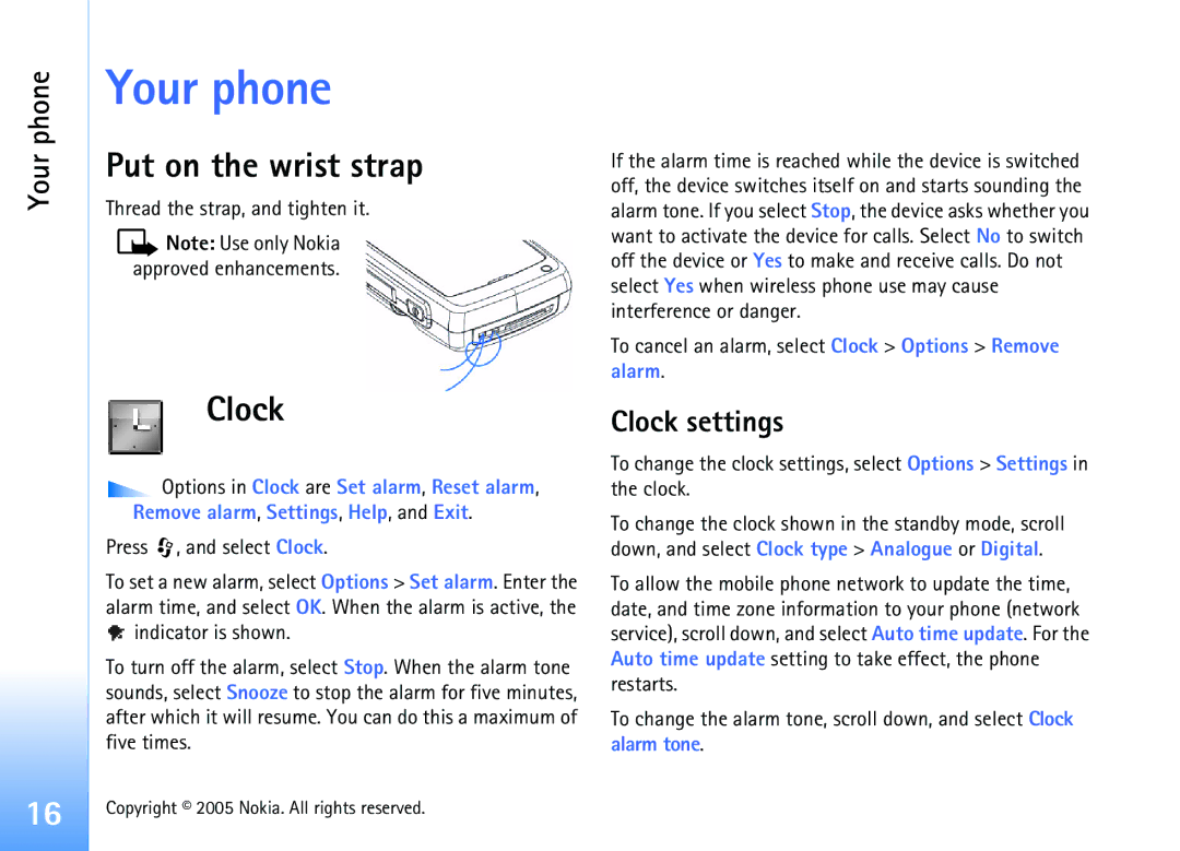 Nokia 6681 manual Your phone, Put on the wrist strap, Clock settings 