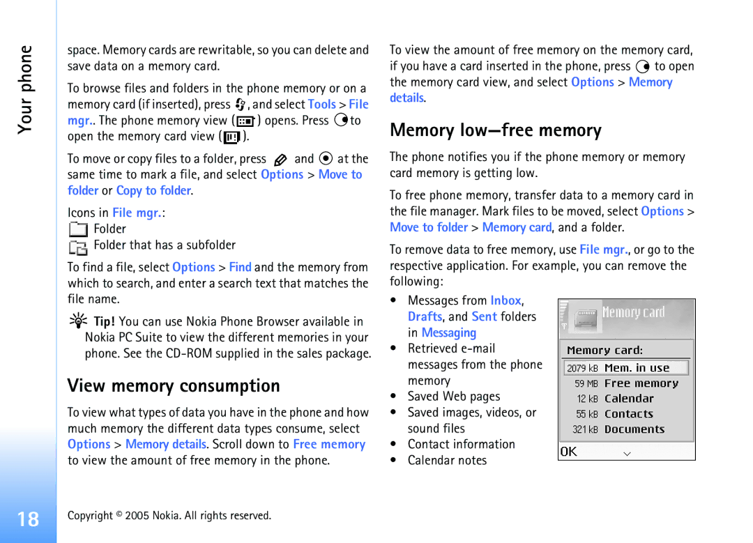 Nokia 6681 manual View memory consumption, Memory low-free memory 