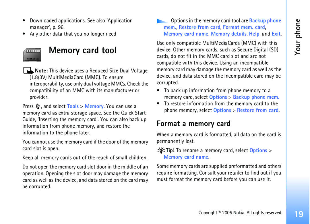 Nokia 6681 manual Memory card tool, Format a memory card, Memory card name 