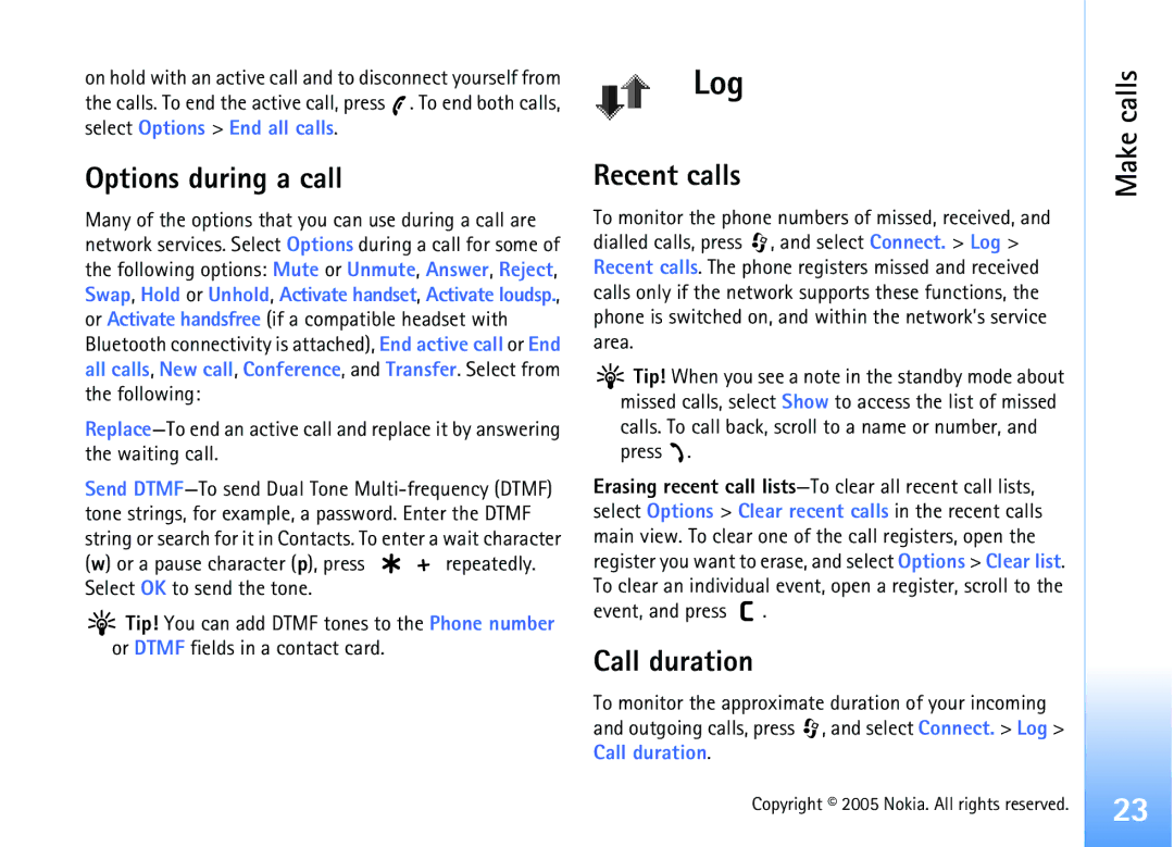 Nokia 6681 manual Calls Options during a call, Recent calls, Call duration, Select Options End all calls 