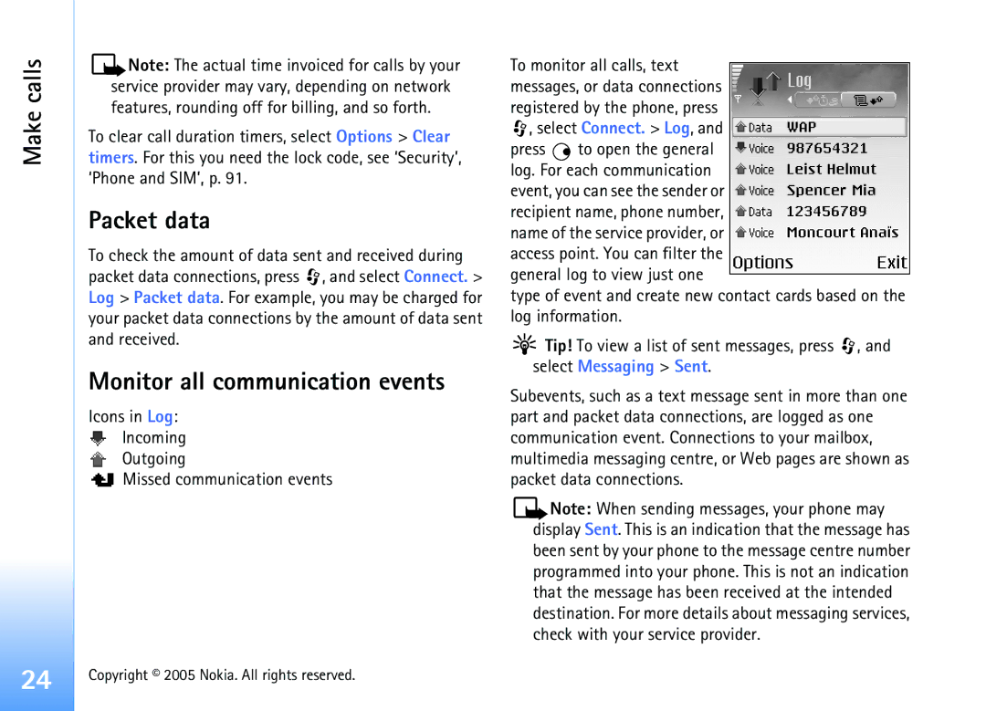 Nokia 6681 manual Packet data, Monitor all communication events, Icons in Log Incoming Outgoing Missed communication events 