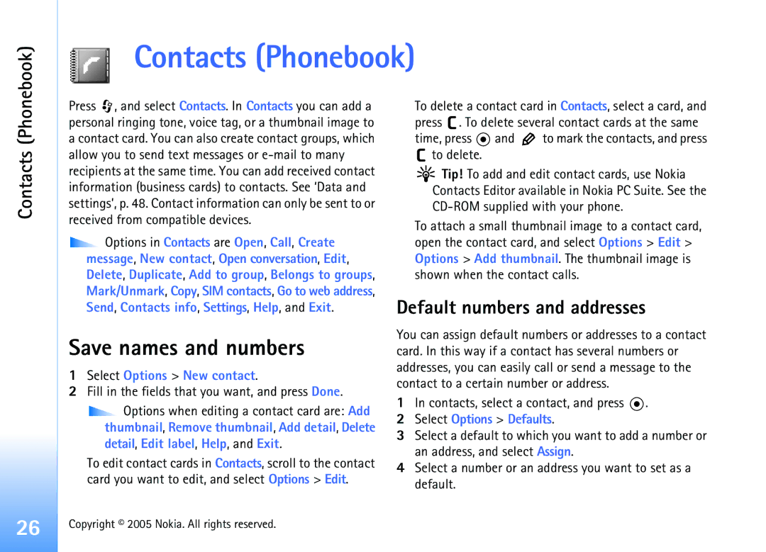 Nokia 6681 manual Contacts Phonebook, Save names and numbers, Default numbers and addresses 