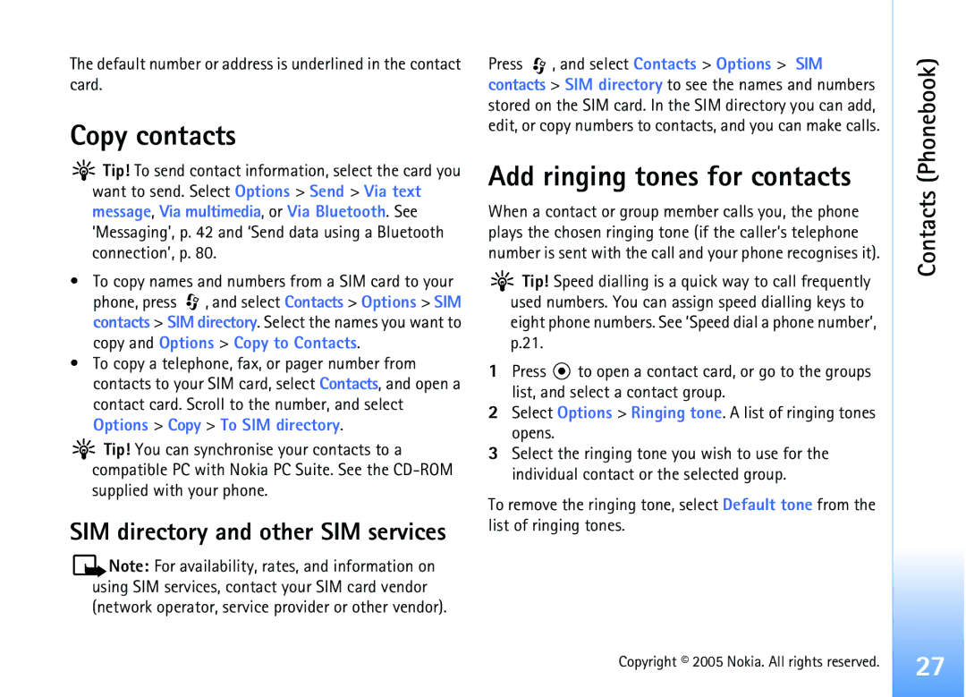 Nokia 6681 manual Copy contacts, Contacts Phonebook, Default number or address is underlined in the contact card 