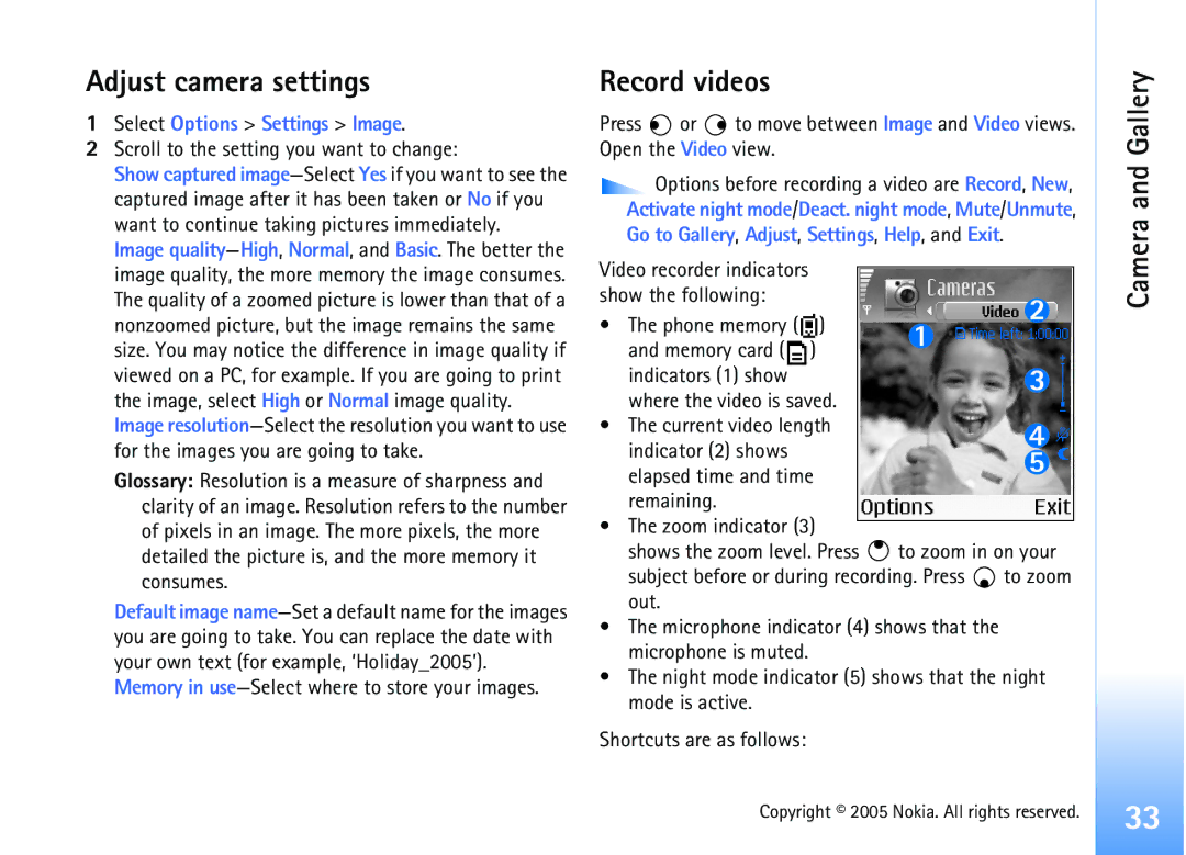 Nokia 6681 Adjust camera settings, Record videos, Select Options Settings Image, Scroll to the setting you want to change 