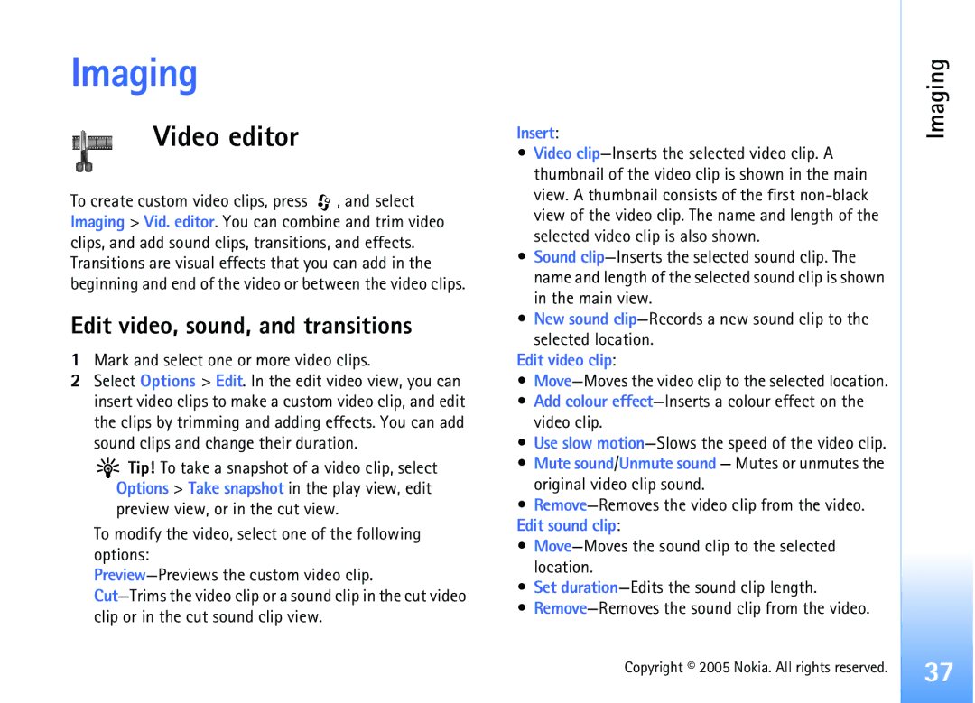 Nokia 6681 manual Imaging, Video editor, Edit video, sound, and transitions 