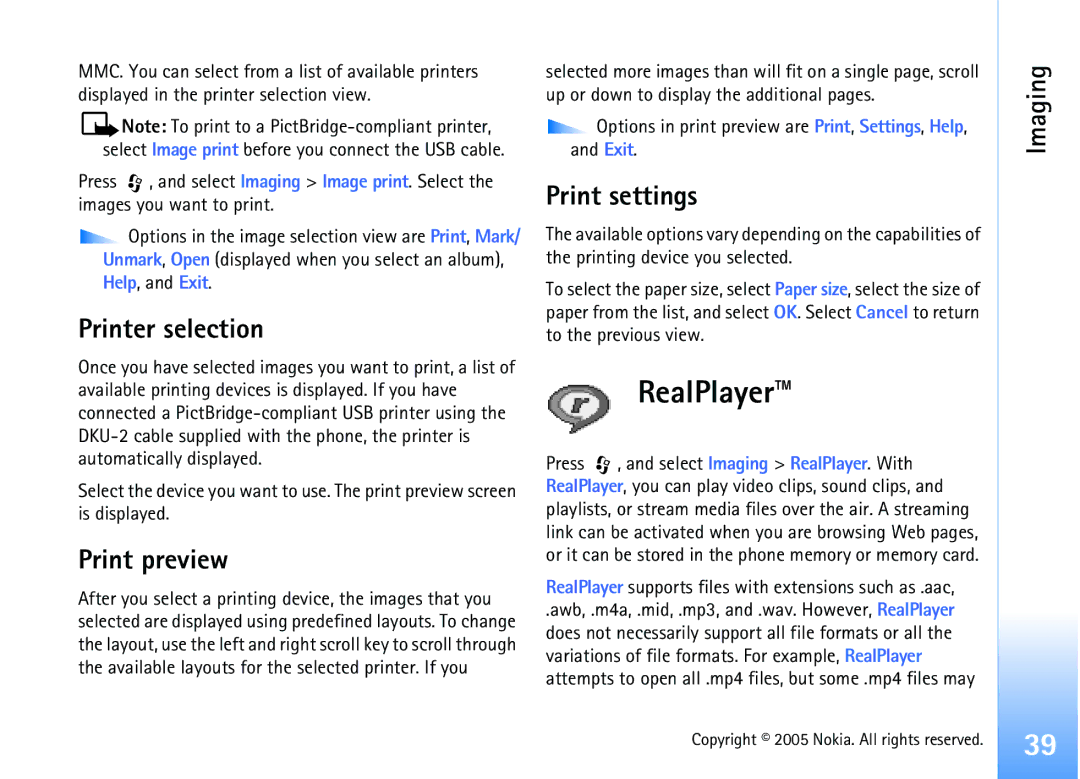 Nokia 6681 manual RealPlayer, Printer selection, Print preview, Print settings 