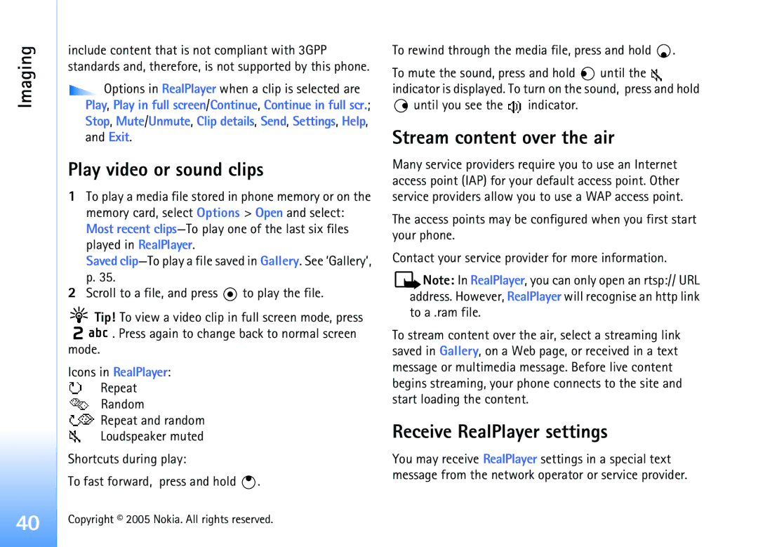 Nokia 6681 manual Play video or sound clips, Stream content over the air, Receive RealPlayer settings 