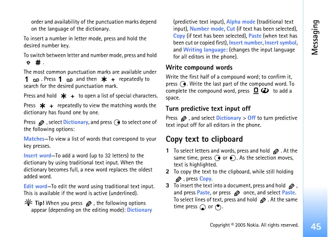 Nokia 6681 manual Copy text to clipboard, Write compound words, Turn predictive text input off 