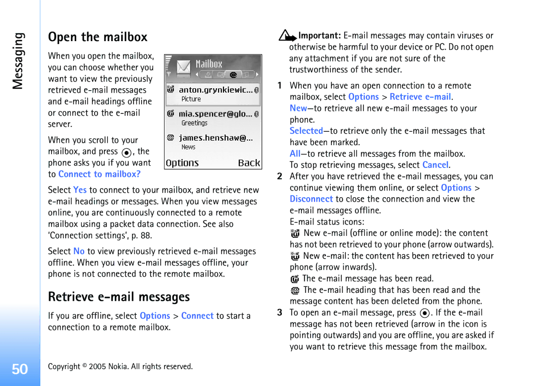 Nokia 6681 manual Messaging Open the mailbox, Retrieve e-mail messages 