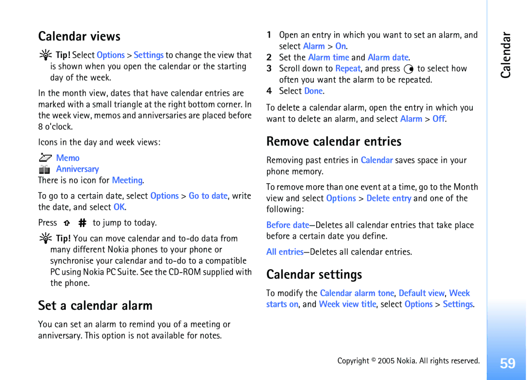 Nokia 6681 manual Calendar views, Set a calendar alarm, Remove calendar entries, Calendar settings 