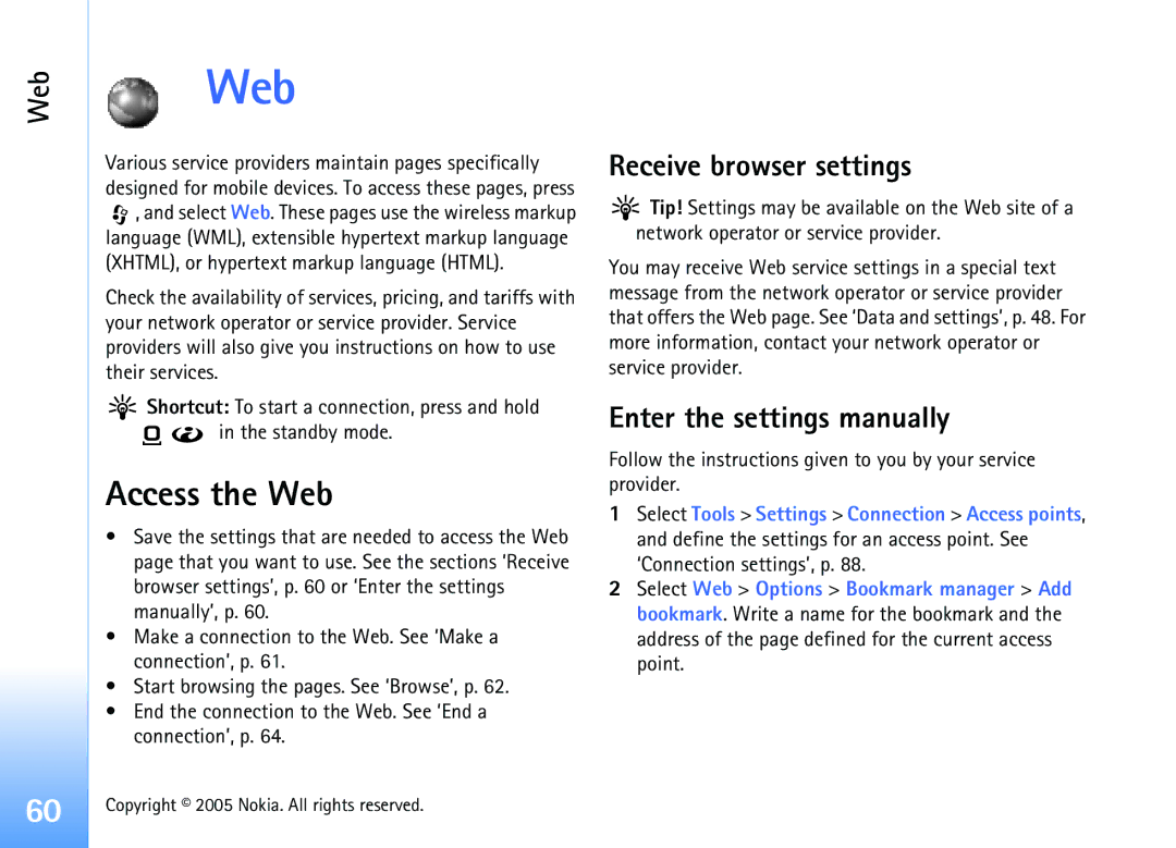 Nokia 6681 Access the Web, Receive browser settings, Enter the settings manually 