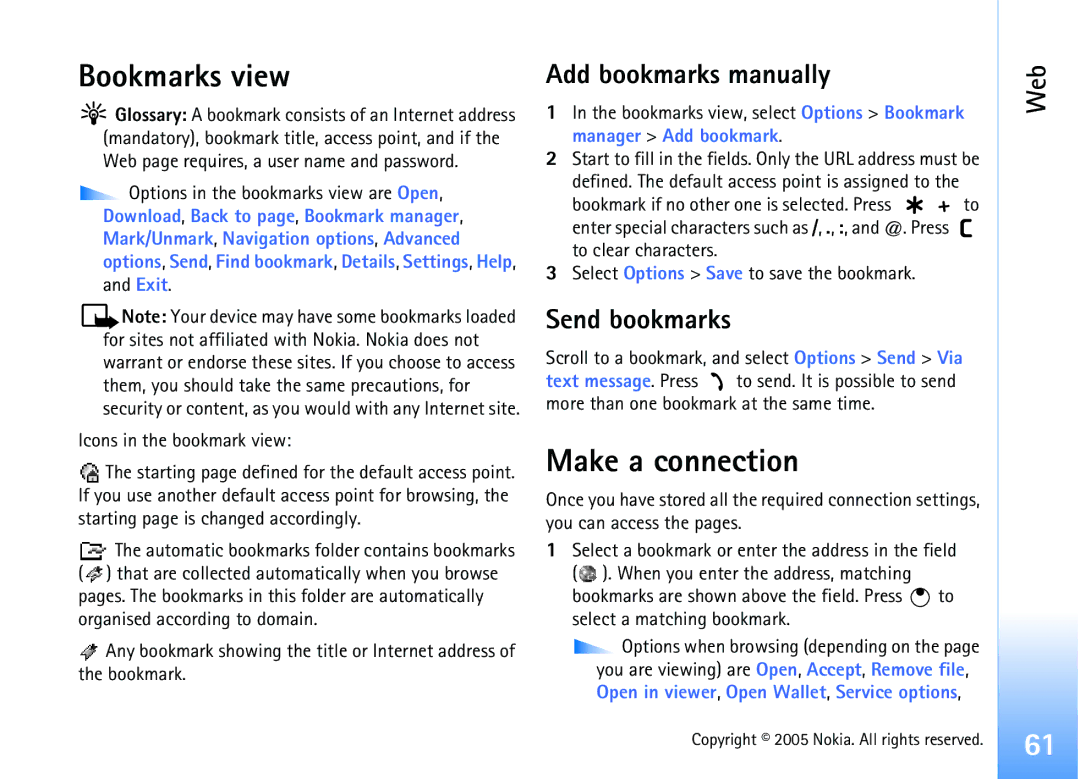 Nokia 6681 Bookmarks view, Make a connection, Add bookmarks manually, Send bookmarks 