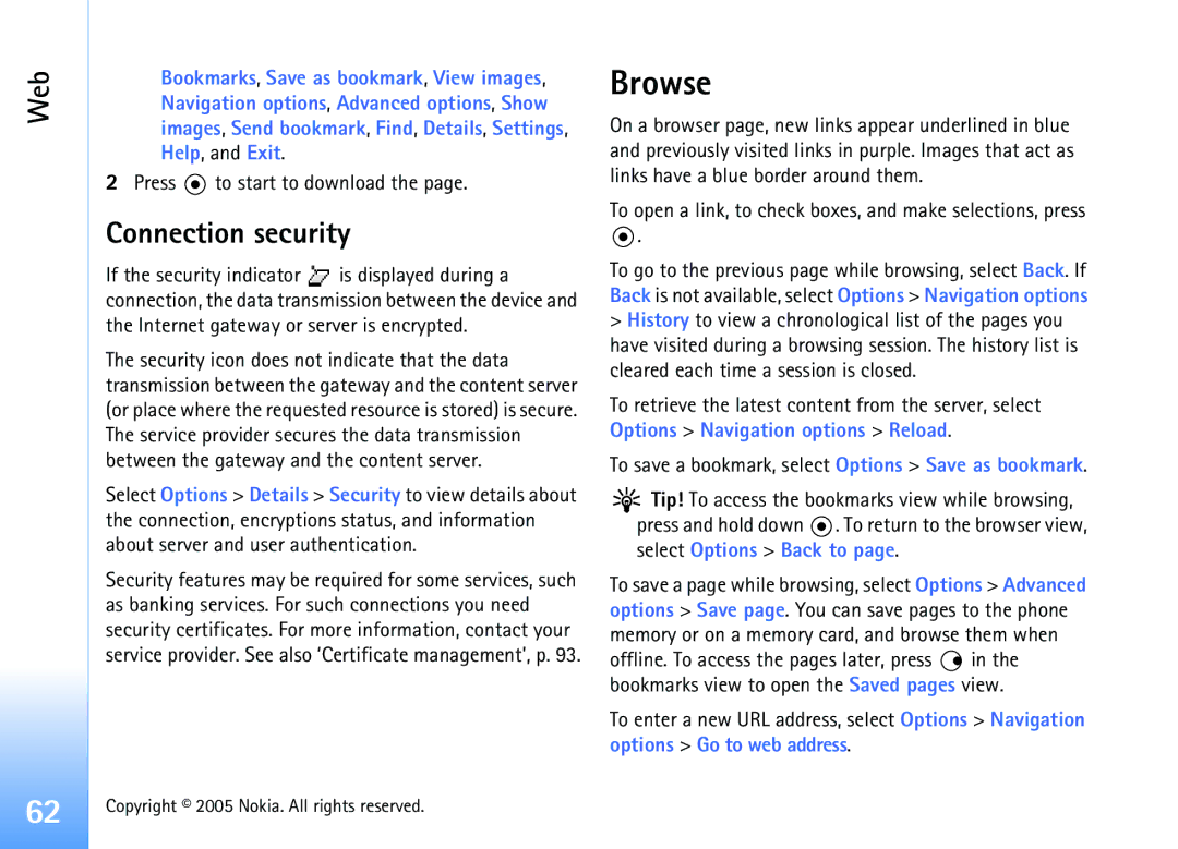 Nokia 6681 Browse, Connection security, Press to start to download, To save a bookmark, select Options Save as bookmark 