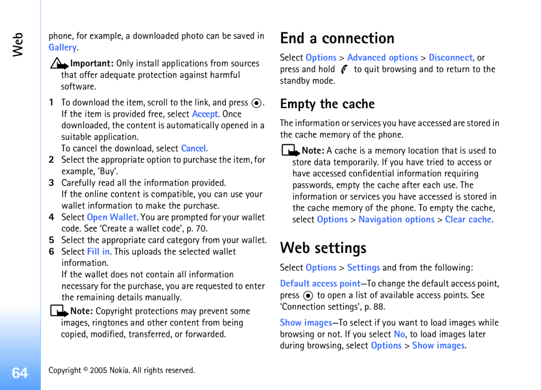 Nokia 6681 manual End a connection, Web settings, Empty the cache, Select Options Advanced options Disconnect, or 