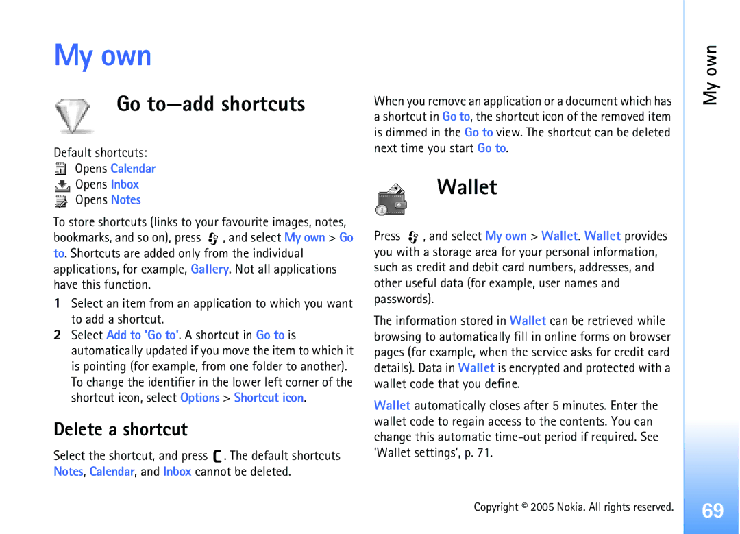 Nokia 6681 manual My own, Go to-add shortcuts, Wallet, Delete a shortcut 