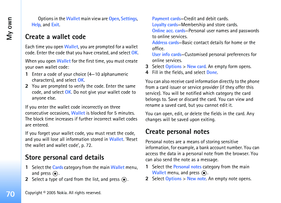 Nokia 6681 manual Create a wallet code, Store personal card details, Create personal notes 