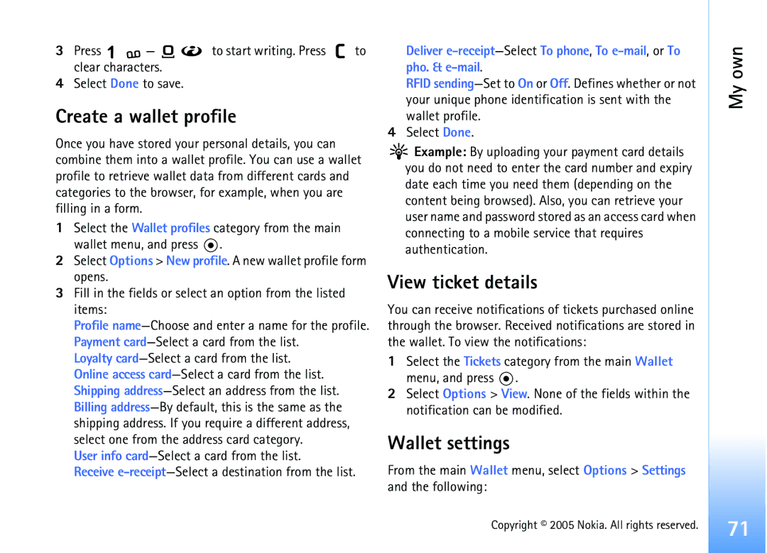 Nokia 6681 manual Create a wallet profile, View ticket details, Wallet settings, User info card-Select a card from the list 