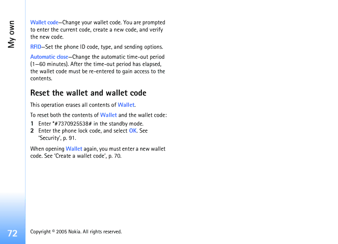 Nokia 6681 manual Reset the wallet and wallet code 