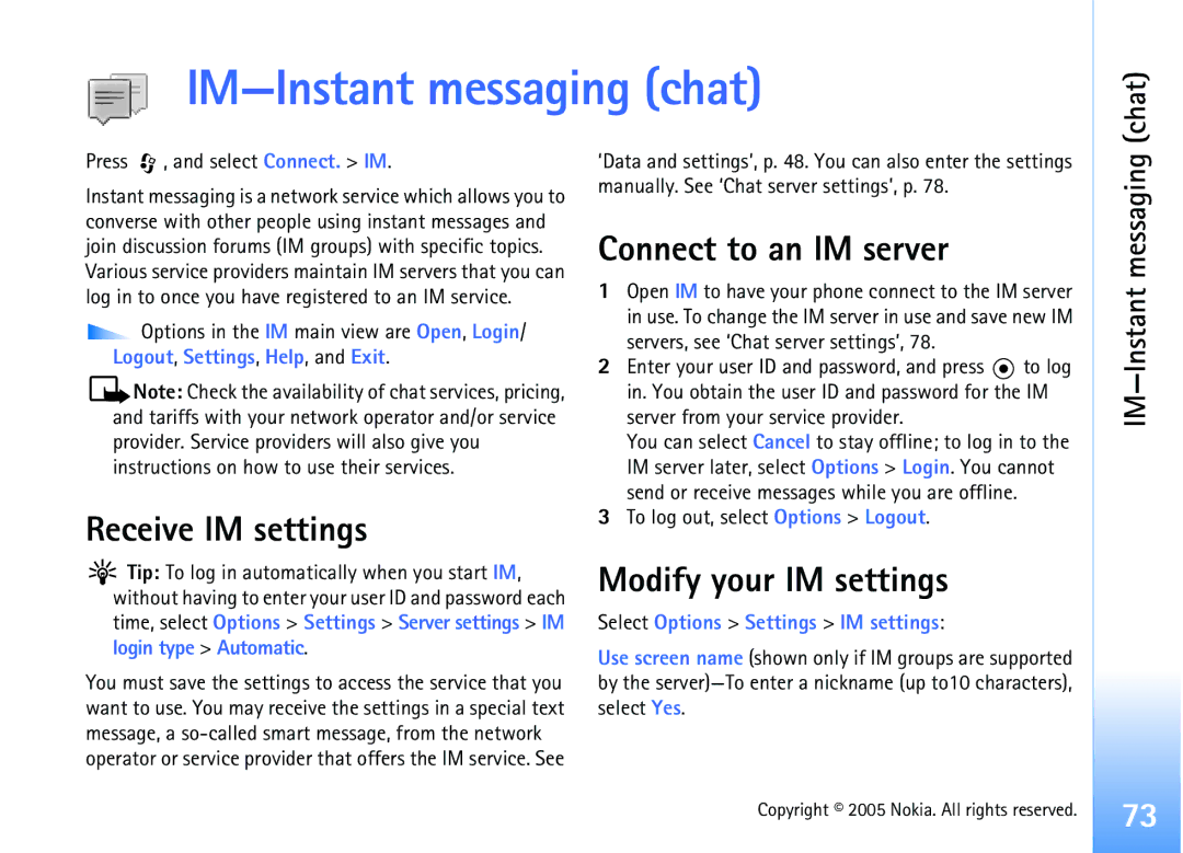 Nokia 6681 manual IM-Instant messaging chat, Receive IM settings, Connect to an IM server, Modify your IM settings, Chat 