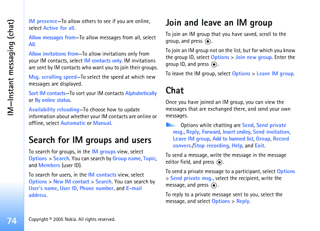 Nokia 6681 manual Join and leave an IM group, Chat, IM-Instant messaging chat 
