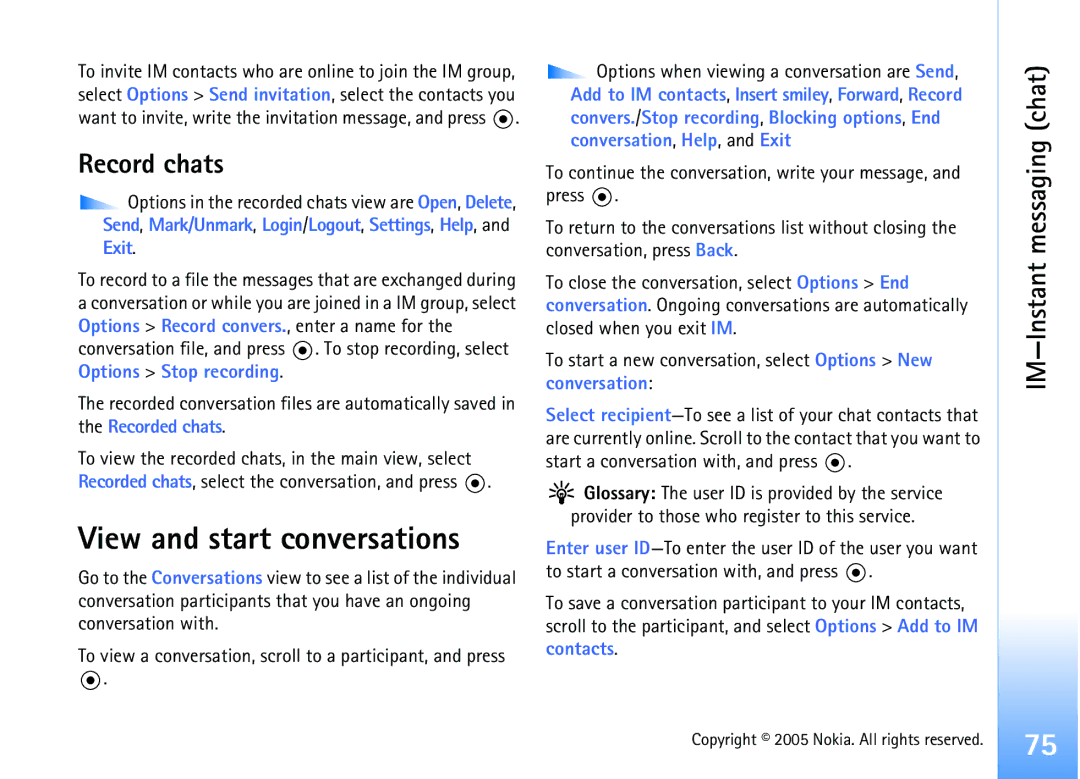 Nokia 6681 manual View and start conversations, Record chats 