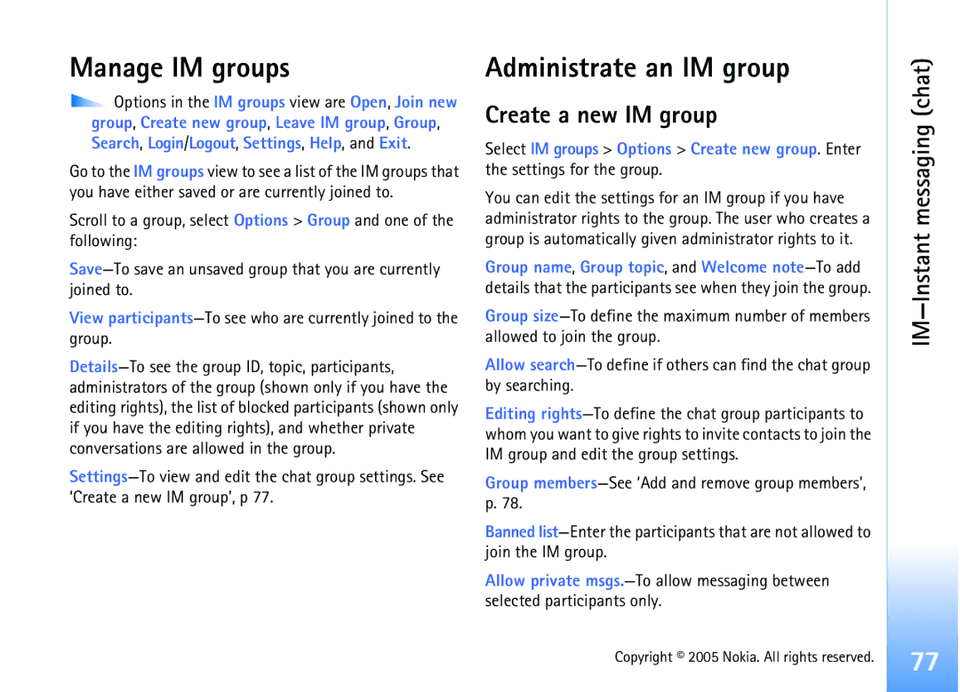 Nokia 6681 manual Manage IM groups, Administrate an IM group, Create a new IM group 