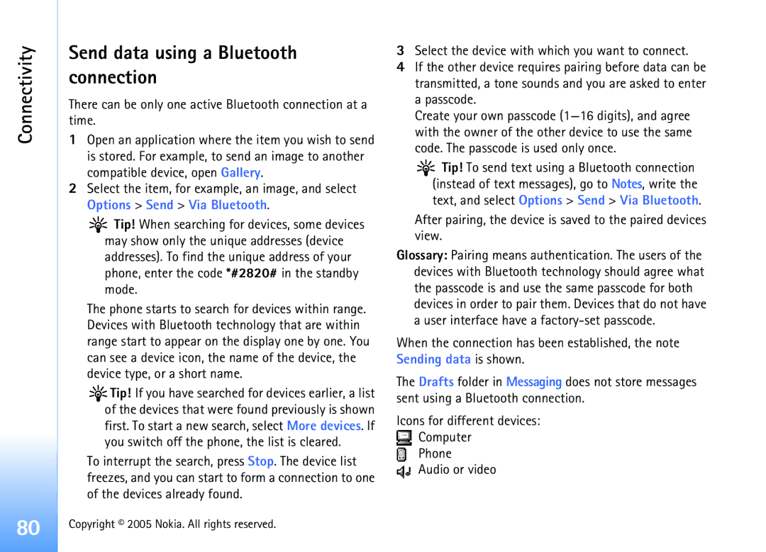 Nokia 6681 manual Connectivity Send data using a Bluetooth connection 