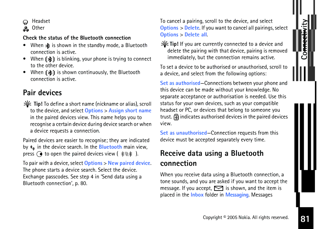 Nokia 6681 manual Pair devices, Receive data using a Bluetooth connection, Headset Other 