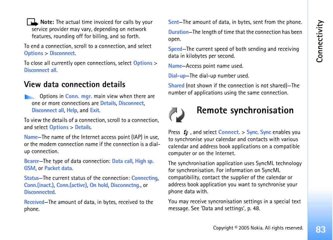 Nokia 6681 manual Remote synchronisation, View data connection details 