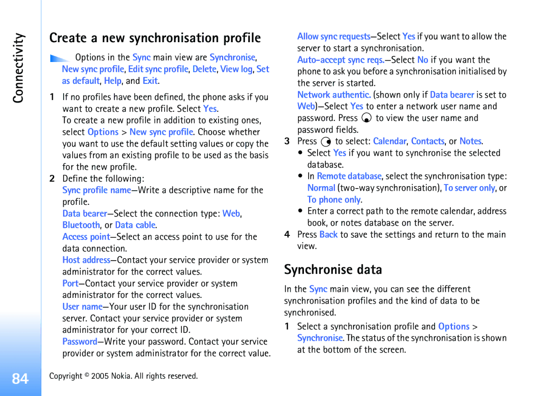 Nokia 6681 manual Synchronise data, Create a new synchronisation profile 