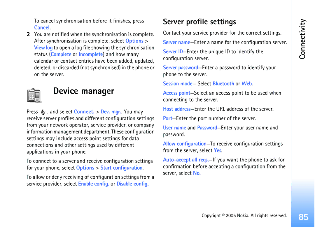 Nokia 6681 manual Device manager, Server profile settings, To cancel synchronisation before it finishes, press Cancel 