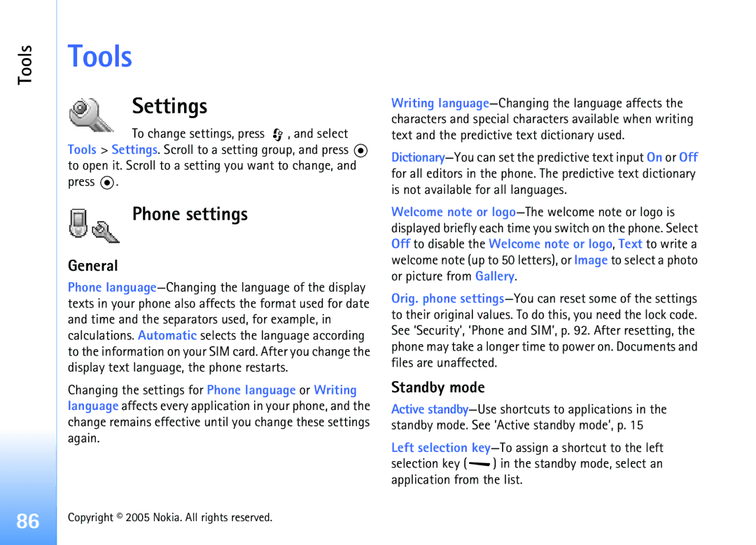 Nokia 6681 manual Tools, Settings, Phone settings 