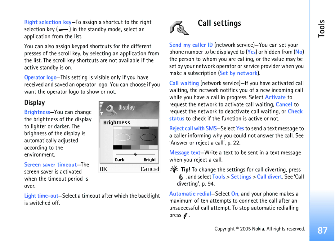 Nokia 6681 manual Call settings, Display 