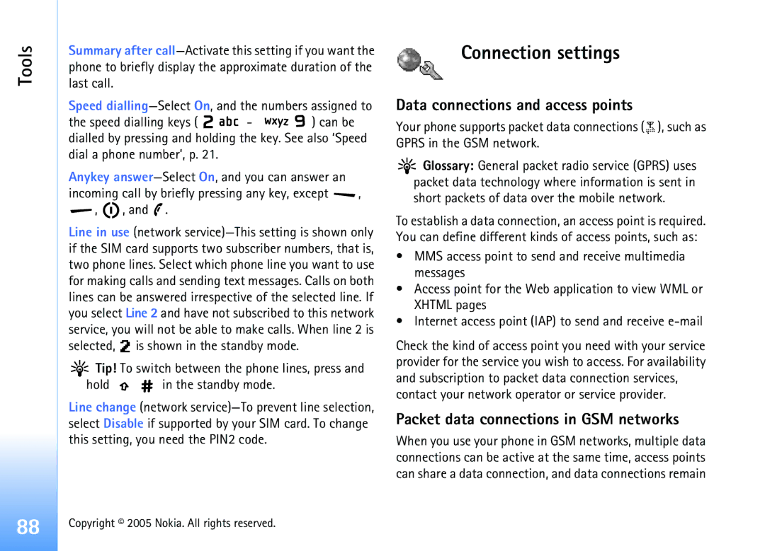 Nokia 6681 manual Connection settings, Data connections and access points, Packet data connections in GSM networks 