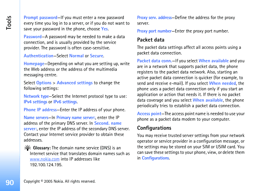 Nokia 6681 manual Packet data, Configurations, Authentication-SelectNormal or Secure 