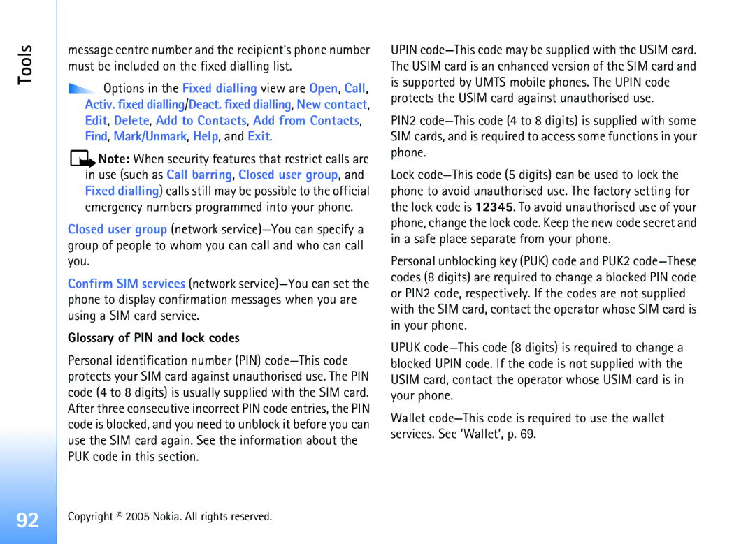 Nokia 6681 manual Glossary of PIN and lock codes 