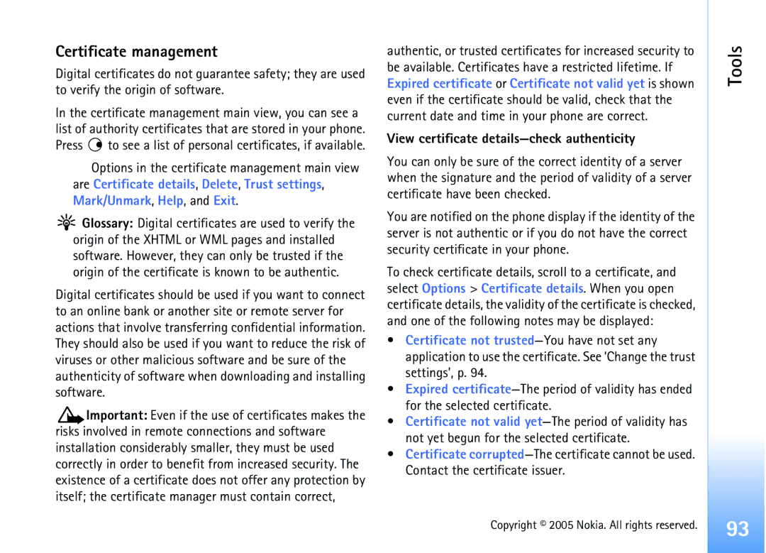 Nokia 6681 manual Certificate management, View certificate details-check authenticity 