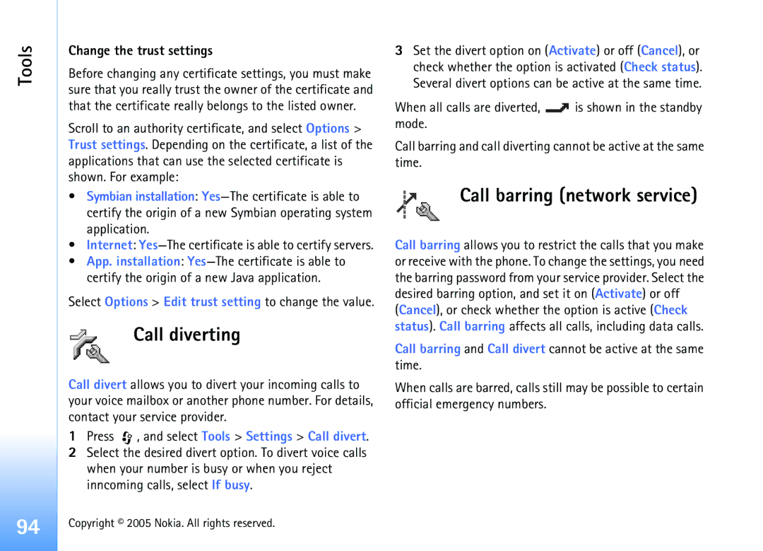 Nokia 6681 manual Call diverting, Call barring network service, Change the trust settings 