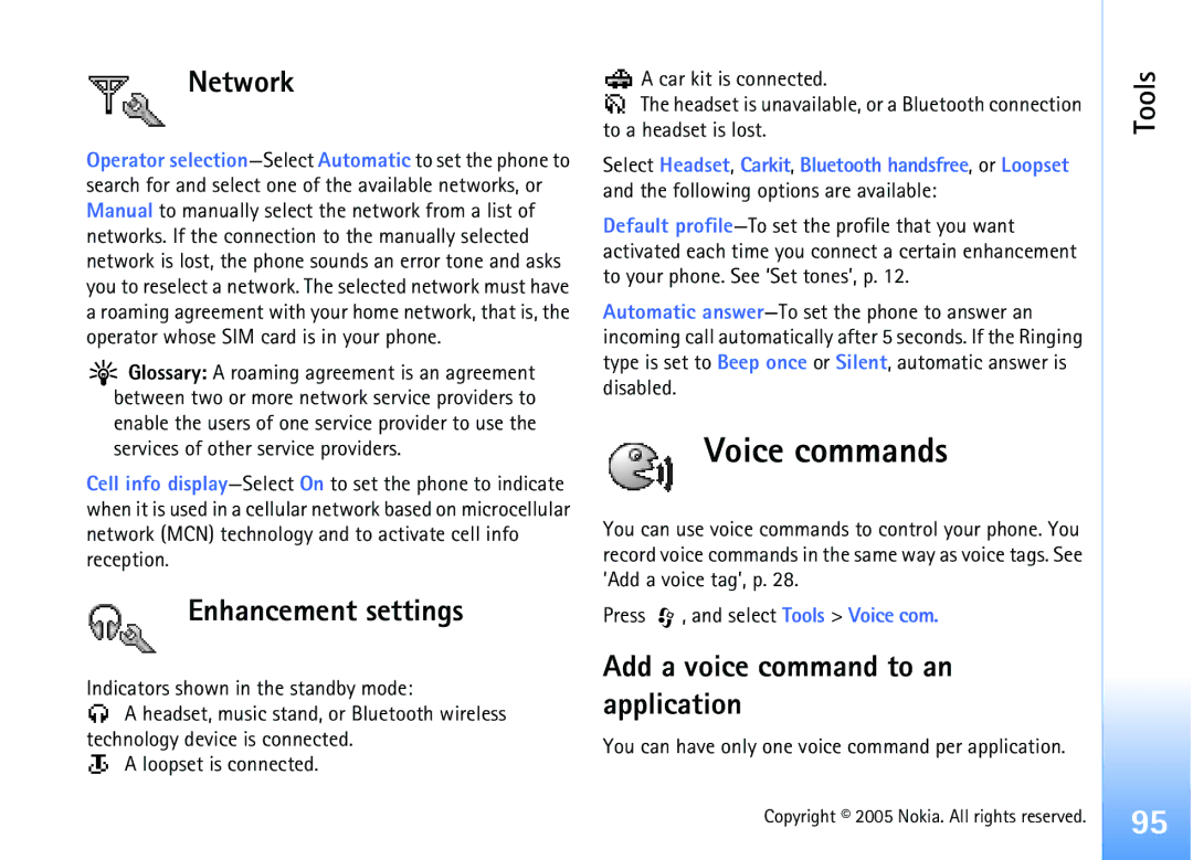 Nokia 6681 manual Voice commands, Network, Enhancement settings, Add a voice command to an application 