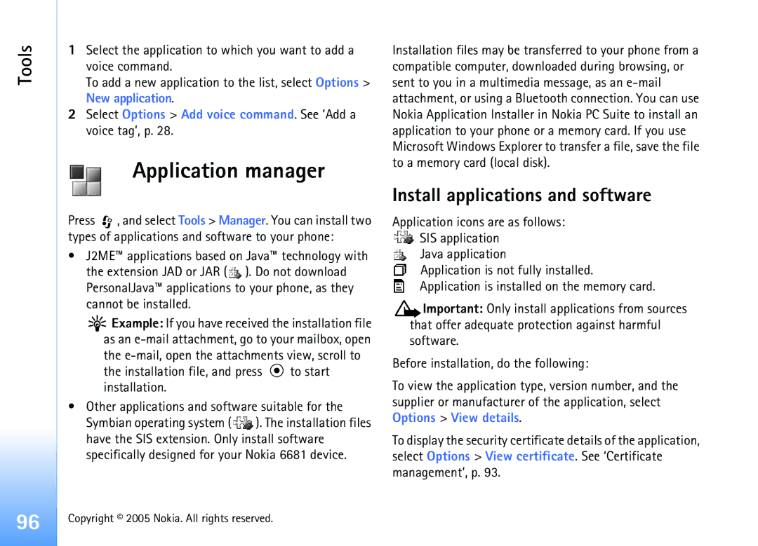 Nokia 6681 manual Application manager, Install applications and software 