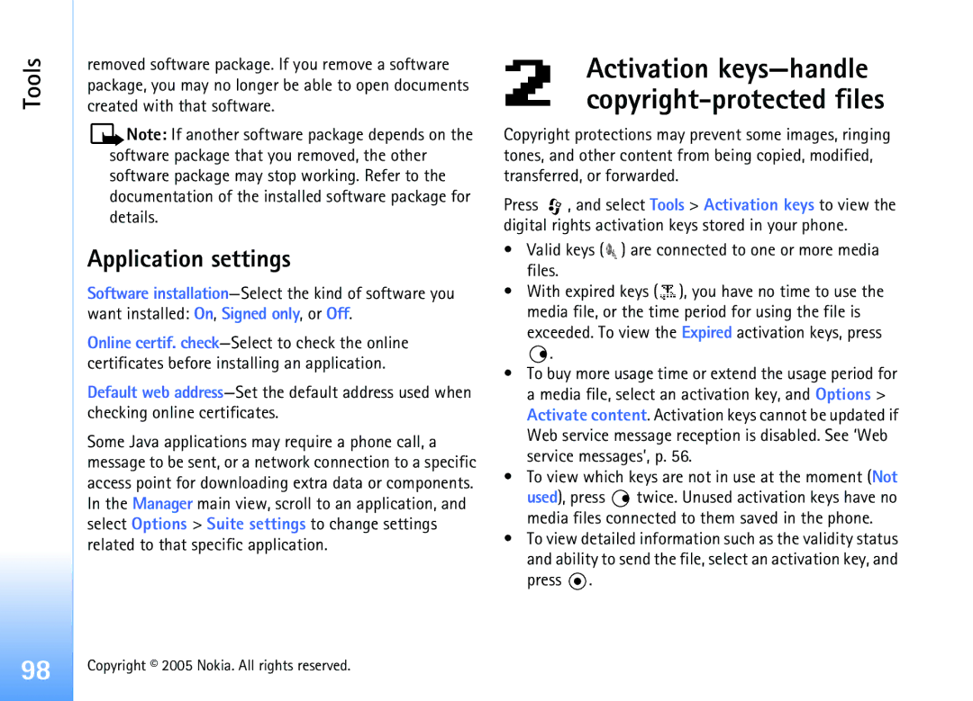 Nokia 6681 manual Application settings, To view which keys are not in use at the moment Not 