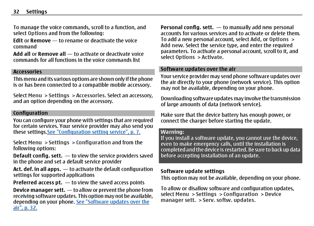 Nokia 6700 manual Accessories, Configuration, Software updates over the air, Software update settings 