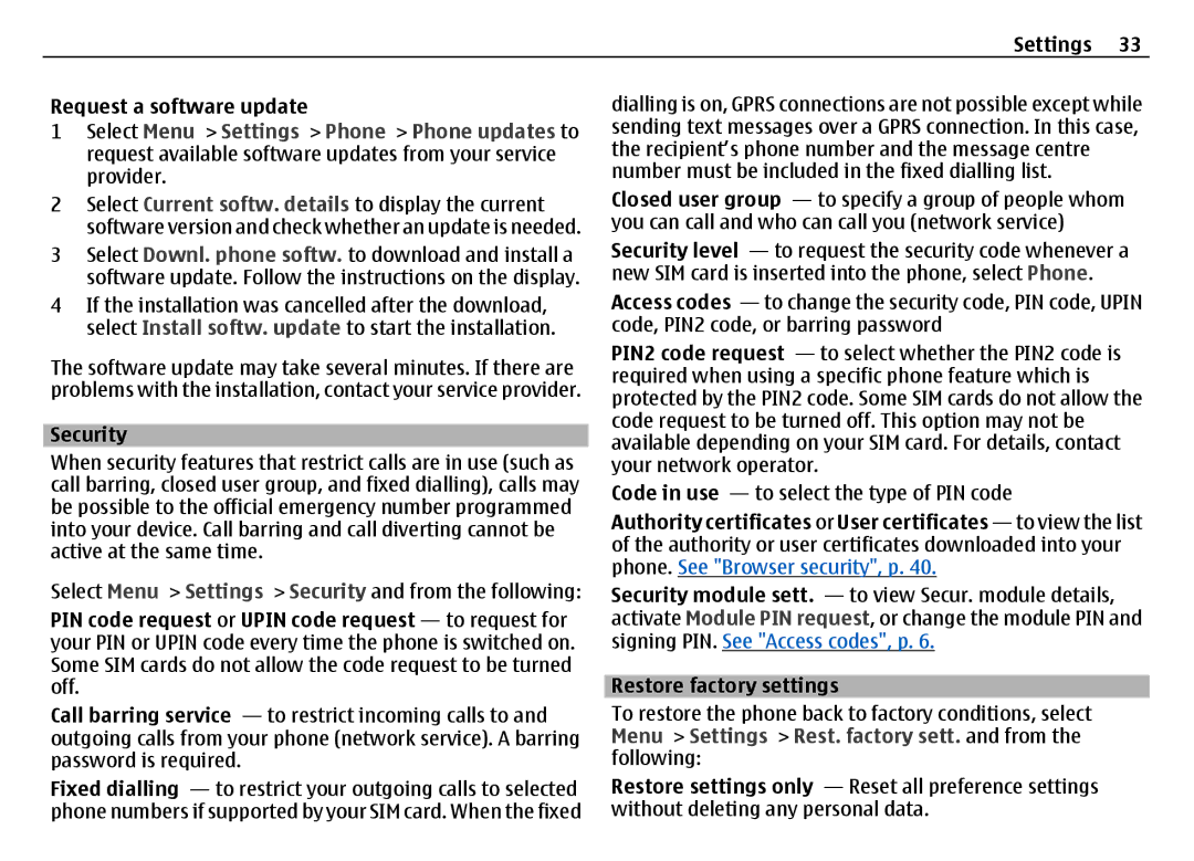 Nokia 6700 manual Settings Request a software update, Security, Restore factory settings 
