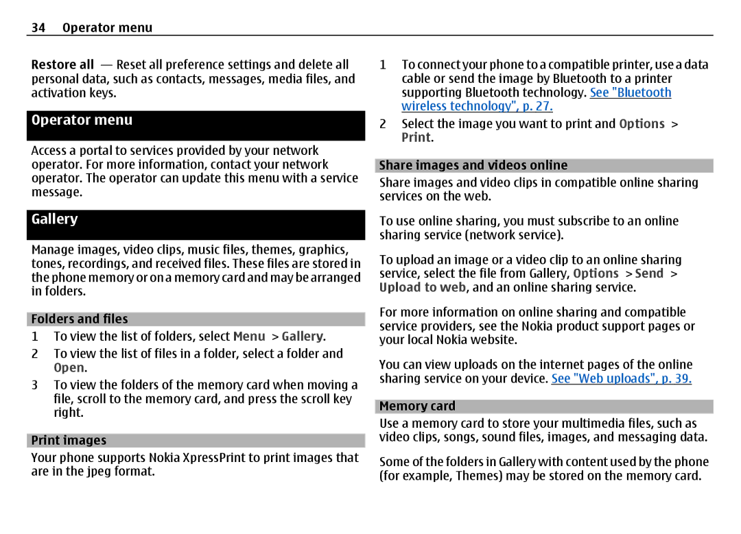 Nokia 6700 manual Operator menu, Gallery, Print 