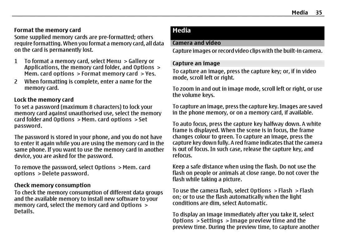 Nokia 6700 manual Media, Mem. card options Format memory card Yes 