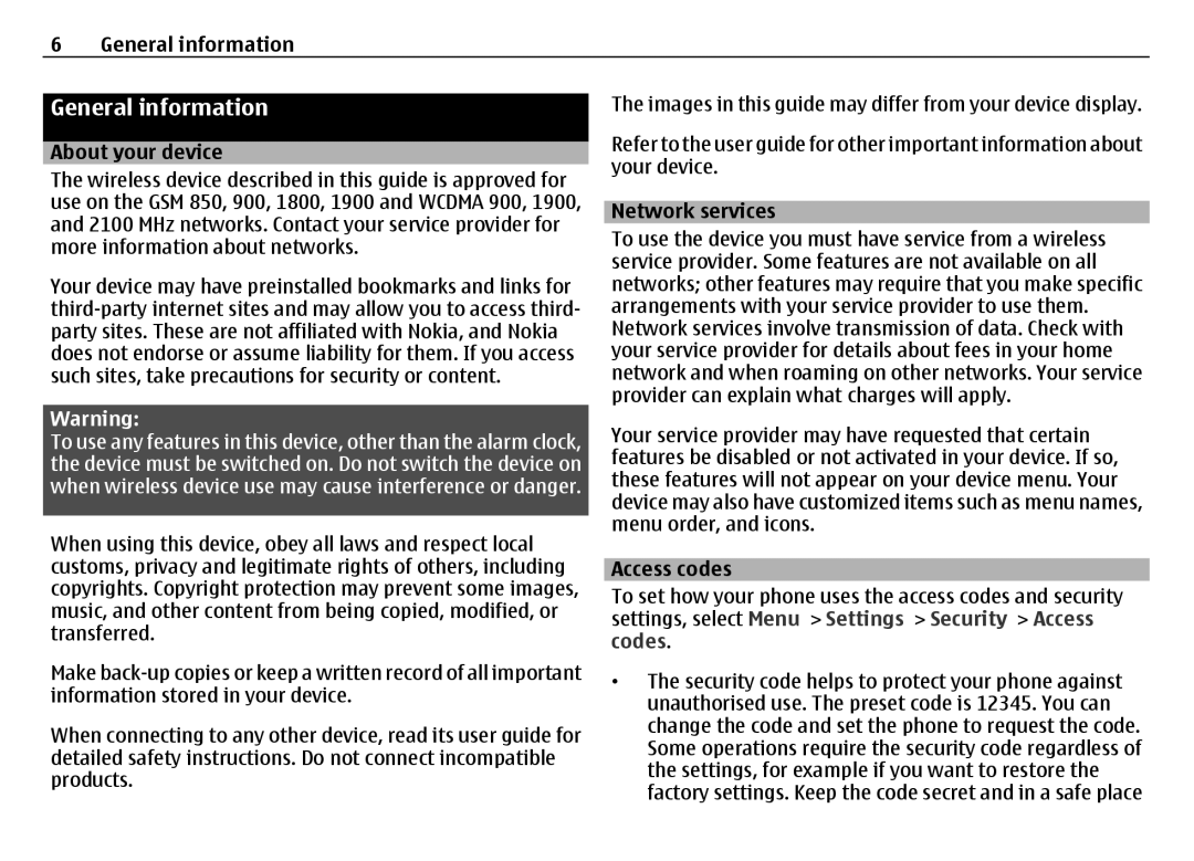Nokia 6700 manual General information, About your device, Network services, Access codes 