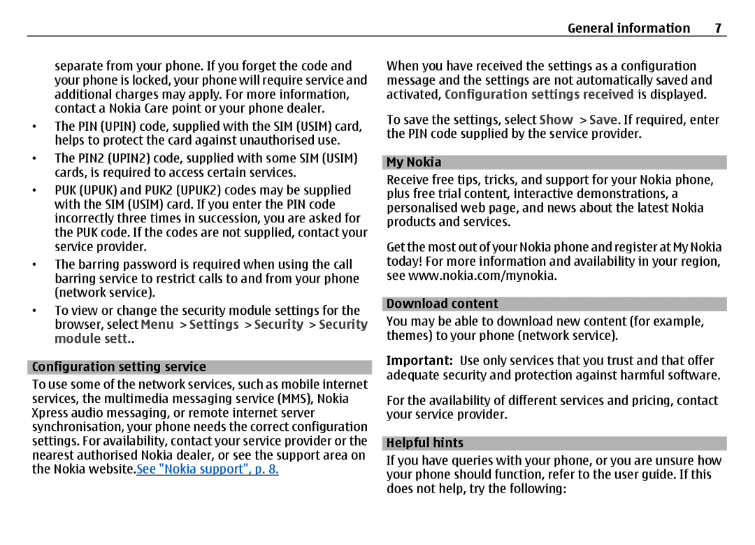 Nokia 6700 manual Configuration setting service, My Nokia, Download content, Helpful hints 
