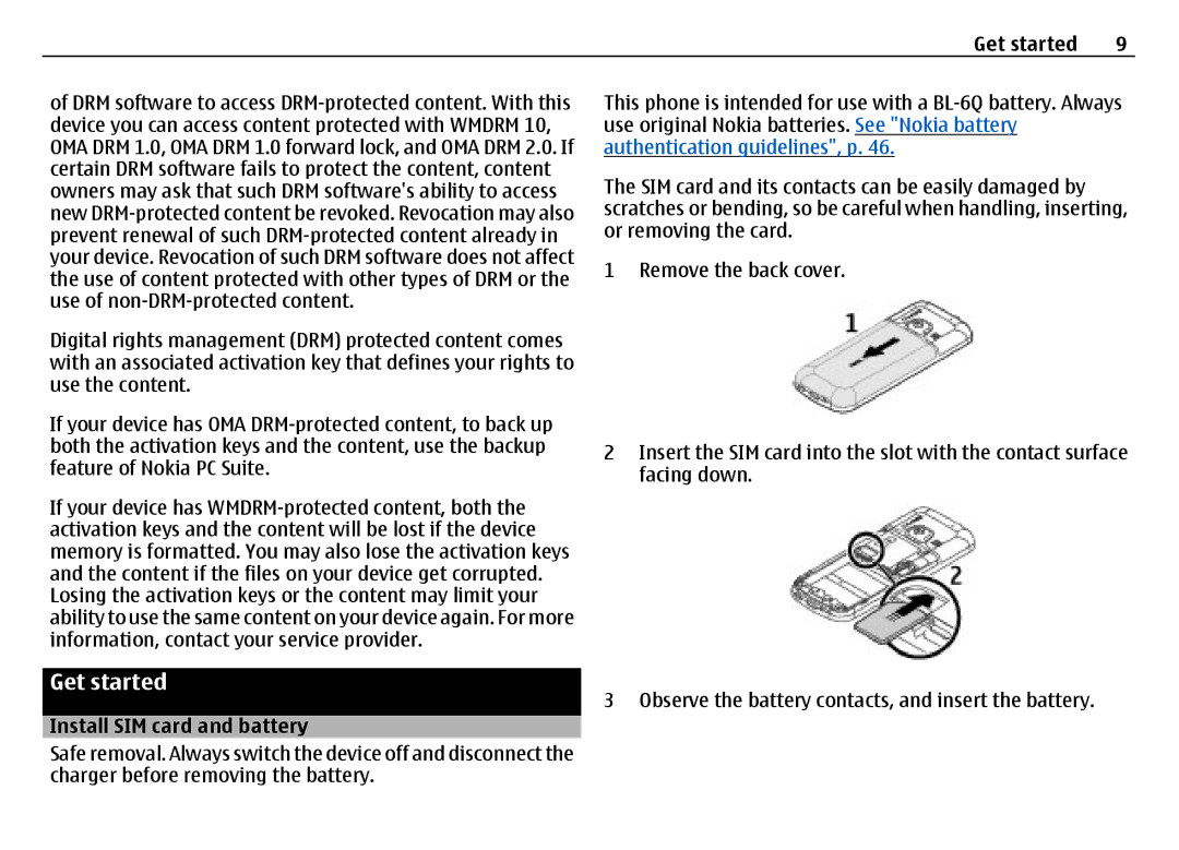 Nokia 6700 manual Get started, Install SIM card and battery 