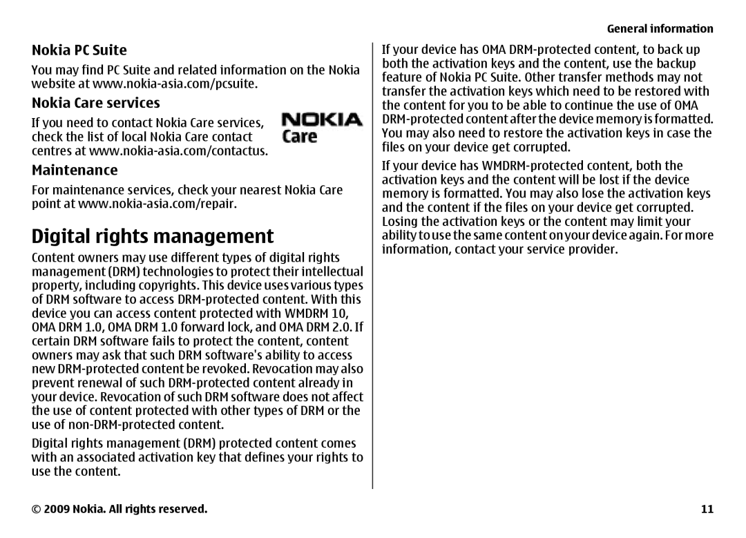 Nokia 6700 manual Digital rights management, Nokia PC Suite Nokia Care services Maintenance 